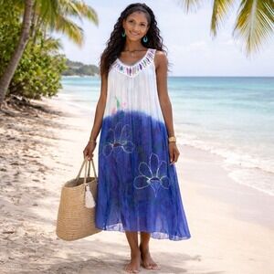 C&C‎ California Woman Blue Ombre Boho Floral Sequin Maxi Dress S Beachy Resort